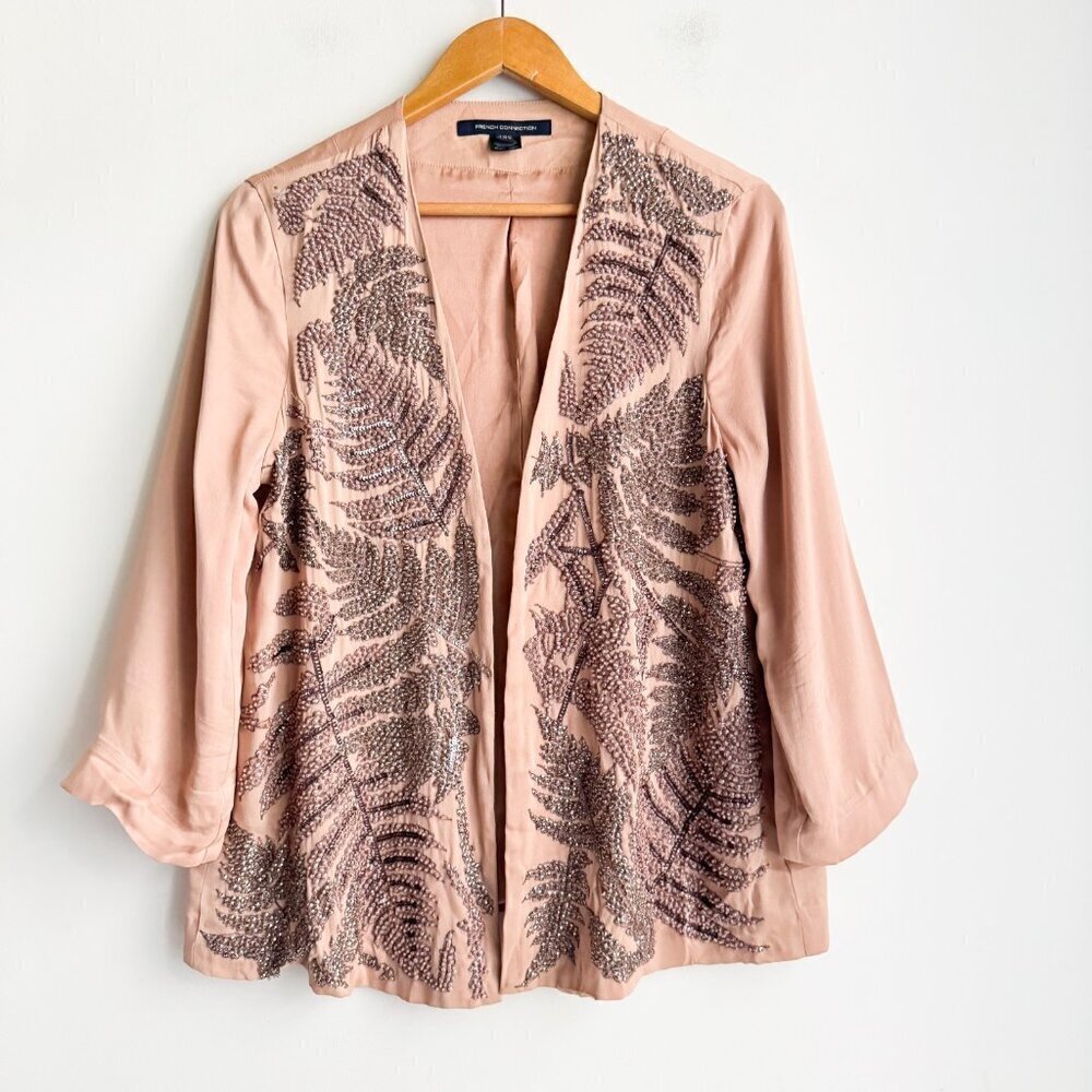 French Connection Nude Beige Pink Beaded open Front Blazer 10